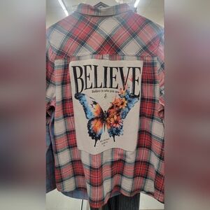 Recycled Plaid Shirt with Believe Butterfly Graphic Flannel Shirt Size 1X